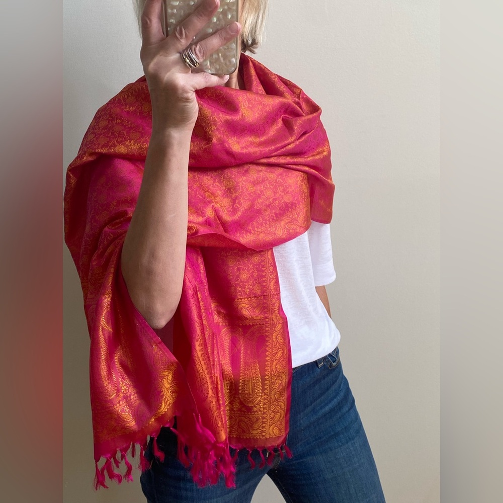 New Pink & Gold Silk Paisley Scarf